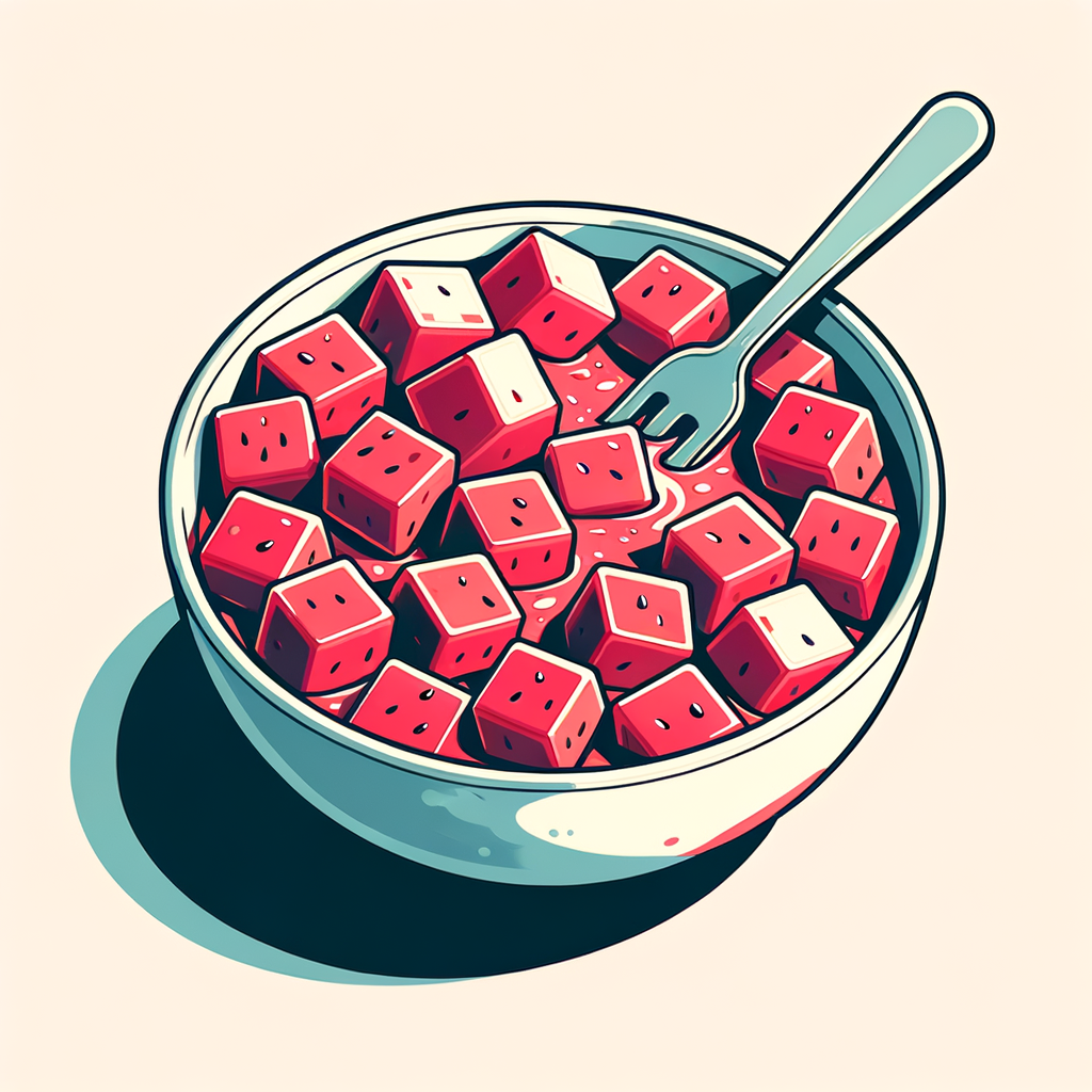 A white bowl containing several small, irregularly cut bright red watermelon cubes sitting in a shallow pool of pinkish juice with a silver fork resting inside.