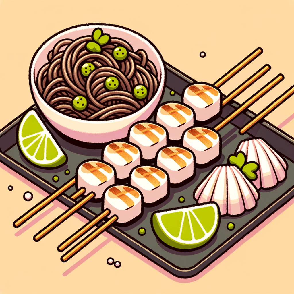 A rectangular black platter holding wooden skewers threaded with char-grilled white scallops alongside a lime half, and a round white plate with a mound of dark brown soba noodles mixed with small pieces of shellfish and garnished with green herbs.