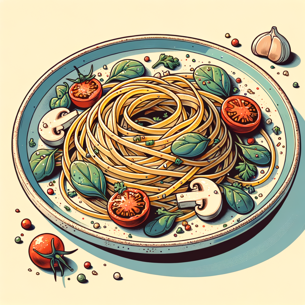 A ceramic plate holding a portion of linguine coated in olive oil, mixed with halved cherry tomatoes, wilted spinach leaves, sliced mushrooms, minced garlic, and sprinkled parsley.