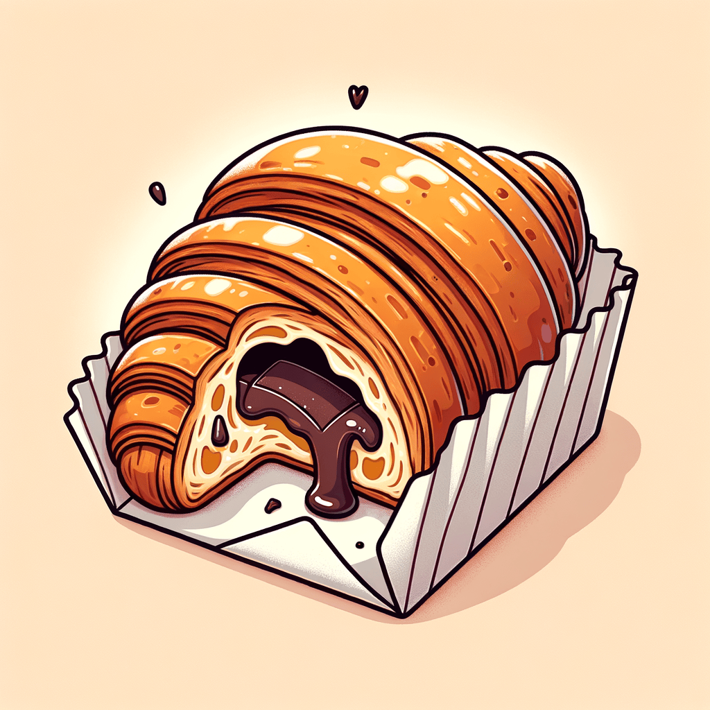 A golden-brown, flaky half-eaten chocolate croissant held in a white paper sleeve, revealing layers of pastry and melted dark chocolate in the center.