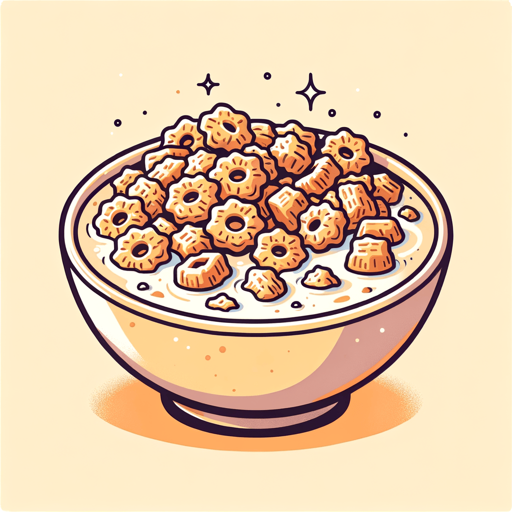 A beige bowl filled with crunchy cereal clusters floating in cold white milk, showing a mix of flakes and clusters.