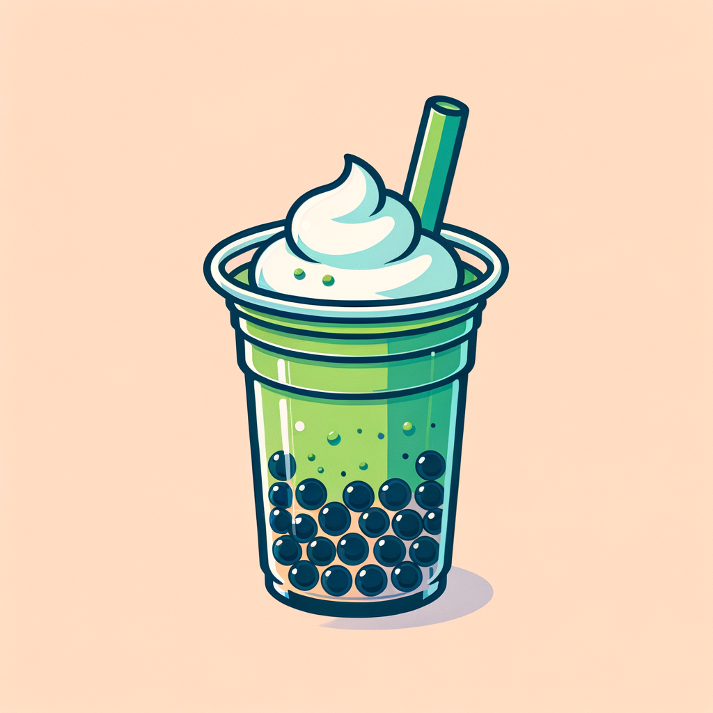 A clear plastic cup showing layers of vibrant green matcha tea at the bottom topped with white creamy foam and black tapioca pearls resting below.
