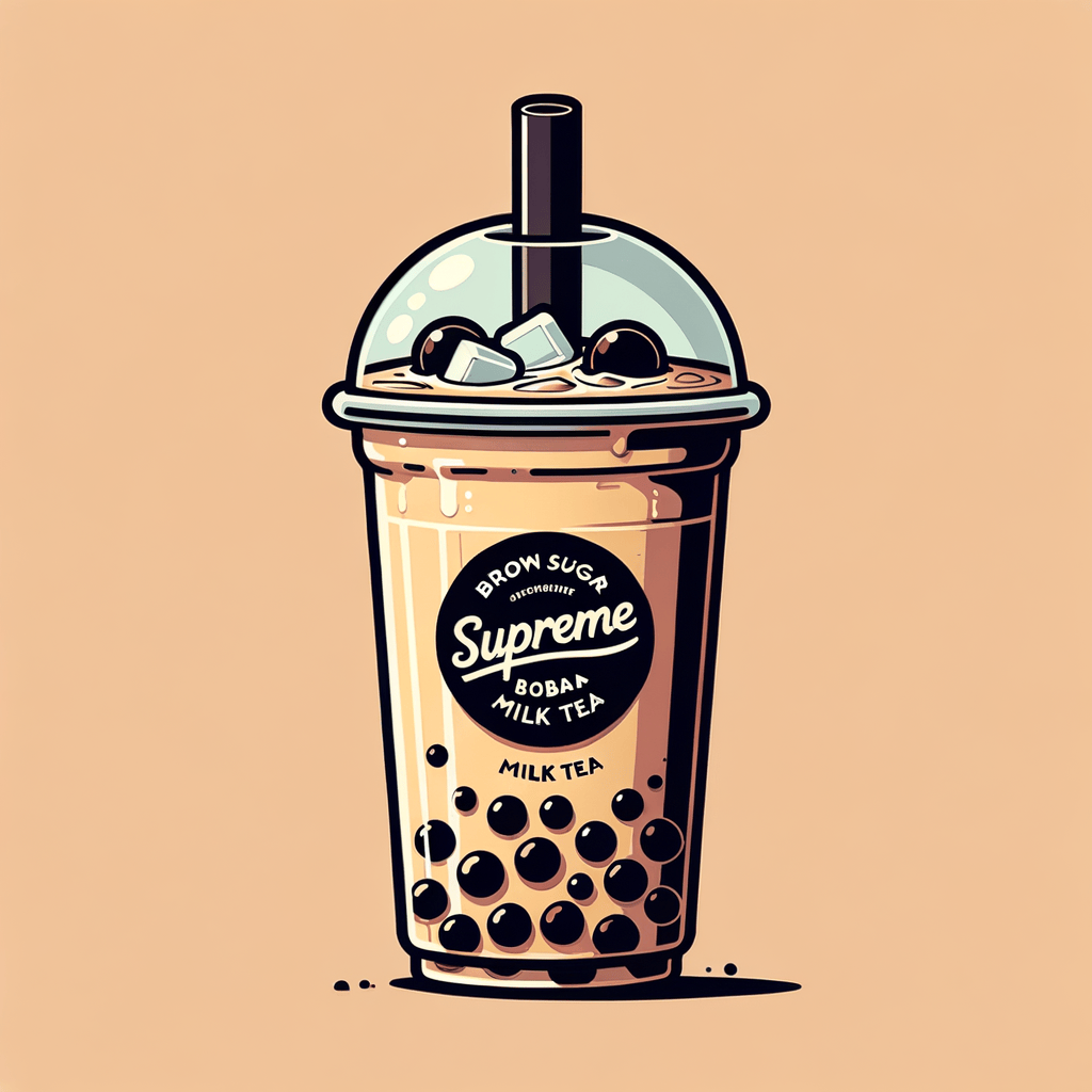 A tall clear plastic cup labeled 'Supreme Brown Sugar Bobo Milk Tea,' filled with creamy milk tea, dark brown sugar streaks clinging to the sides, ice cubes floating, and black tapioca pearls at the bottom, topped with a domed lid and wide straw.