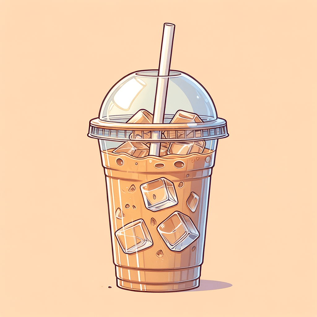 A clear plastic cup filled with light brown iced coffee and ice cubes, topped with a transparent lid and accompanied by a white straw.