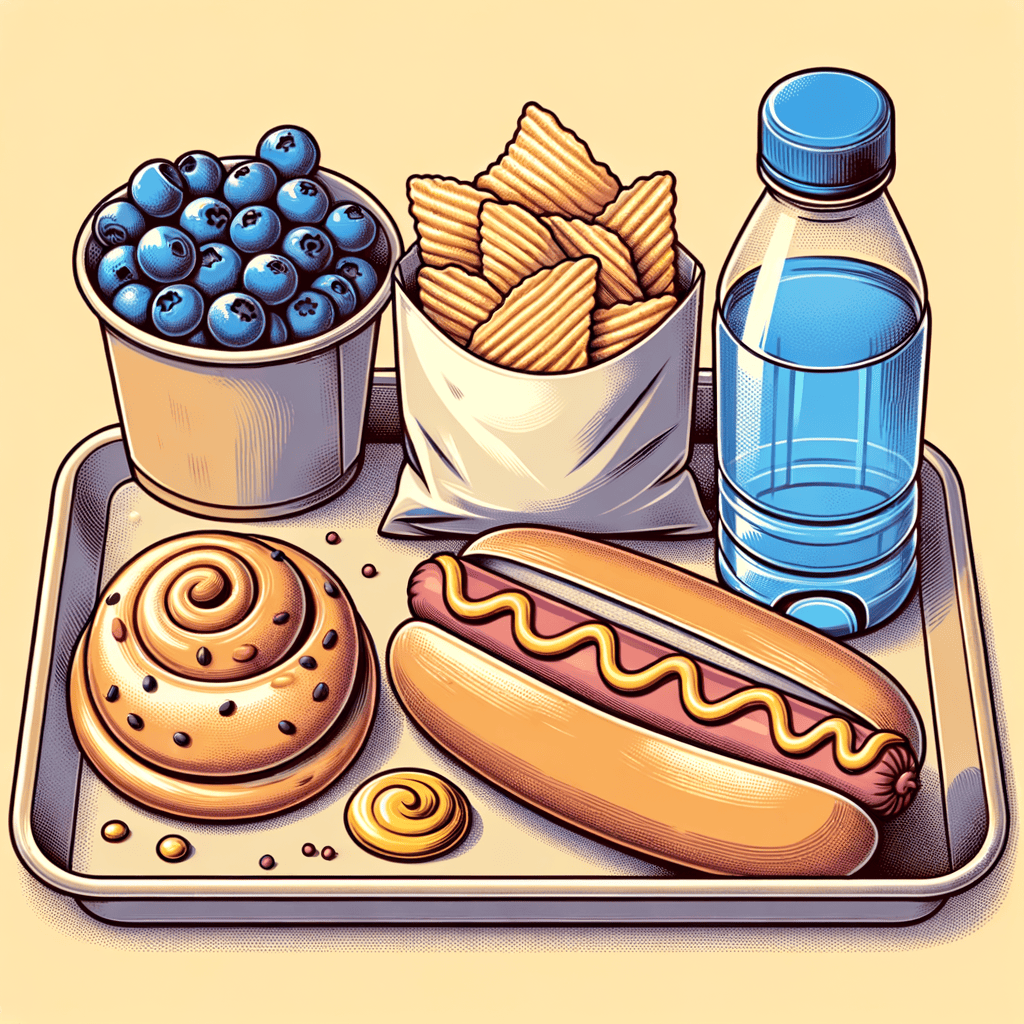 A paper tray holding an all-beef hot dog in a bun topped with yellow mustard, alongside a small bag of sea-salt potato chips and a wrapped blueberry pastry, with a clear water bottle behind them.