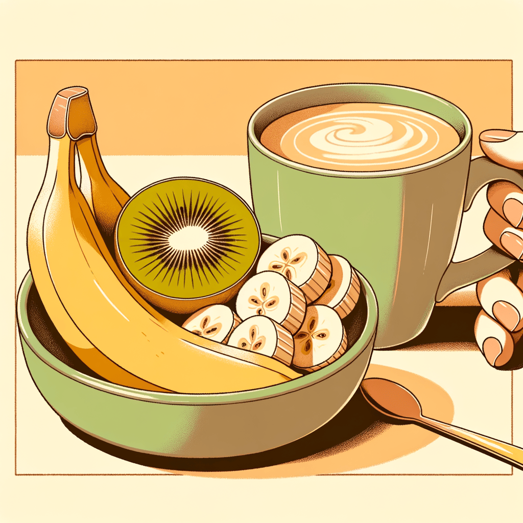 A peeled banana next to a halved golden kiwi in a small ceramic bowl, accompanied by a mug filled with creamy hot coffee.