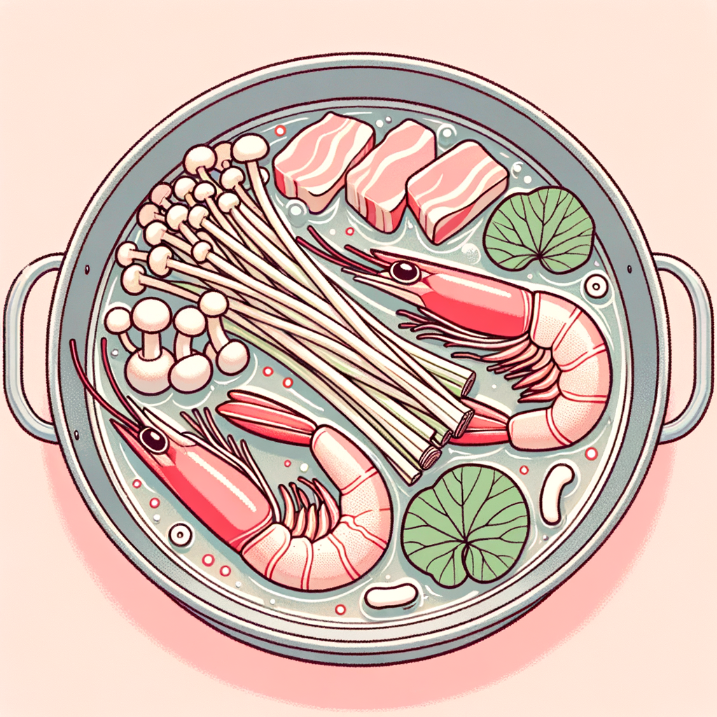 A shallow metal pan holding a clear savory broth with bright pink shrimp, thin strips of pork, clusters of enoki mushrooms, and pieces of napa cabbage.