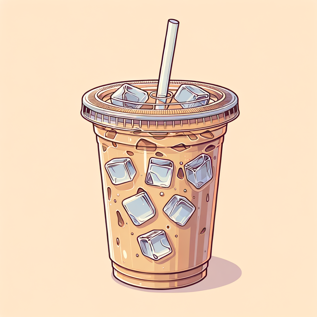 A clear plastic cup filled with cold light-brown iced coffee and visible ice cubes, topped with a flat clear lid and a white straw, with subtle condensation on the surface.