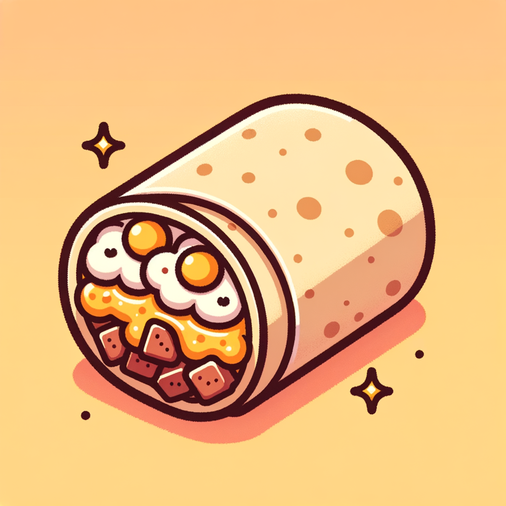 A sliced breakfast burrito showcasing its cross section: the soft flour tortilla enveloping fluffy scrambled eggs, crumbled seasoned sausage, and melted cheddar cheese.