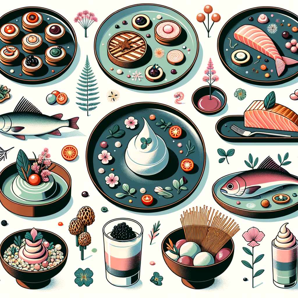 A sequence of individual dishes: small round canapés on a dark plate—one topped with shredded fried onions and another in a scalloped tart shell with clear gel and tiny cherry tomatoes; a rustic bowl of thinly sliced raw fish arranged around a smooth quenelle of pale green sorbet with fiddlehead ferns and flower petals; a glass bowl holding a nest of fine straw-like crisps topped with a mound of glossy black caviar and micro-leaves; a dark blue plate with a delicate, ring-shaped crisp lattice encircling pink shrimp on a pale creamy sauce; a white shallow bowl featuring a piece of white fish on a dollop of puree in broth and garnished with crispy vegetable threads; a light-colored plate with a seared pink meat medallion, morel mushrooms, green shoots, and a dark sauce; a white bowl dessert with a scoop of ice cream on foam and crumble with red fruit segments and silver leaf; and a final dark grey plate with a nest of chocolate strands, scattered berries and petals, topped by a round frozen mousse and wisps of spun sugar.