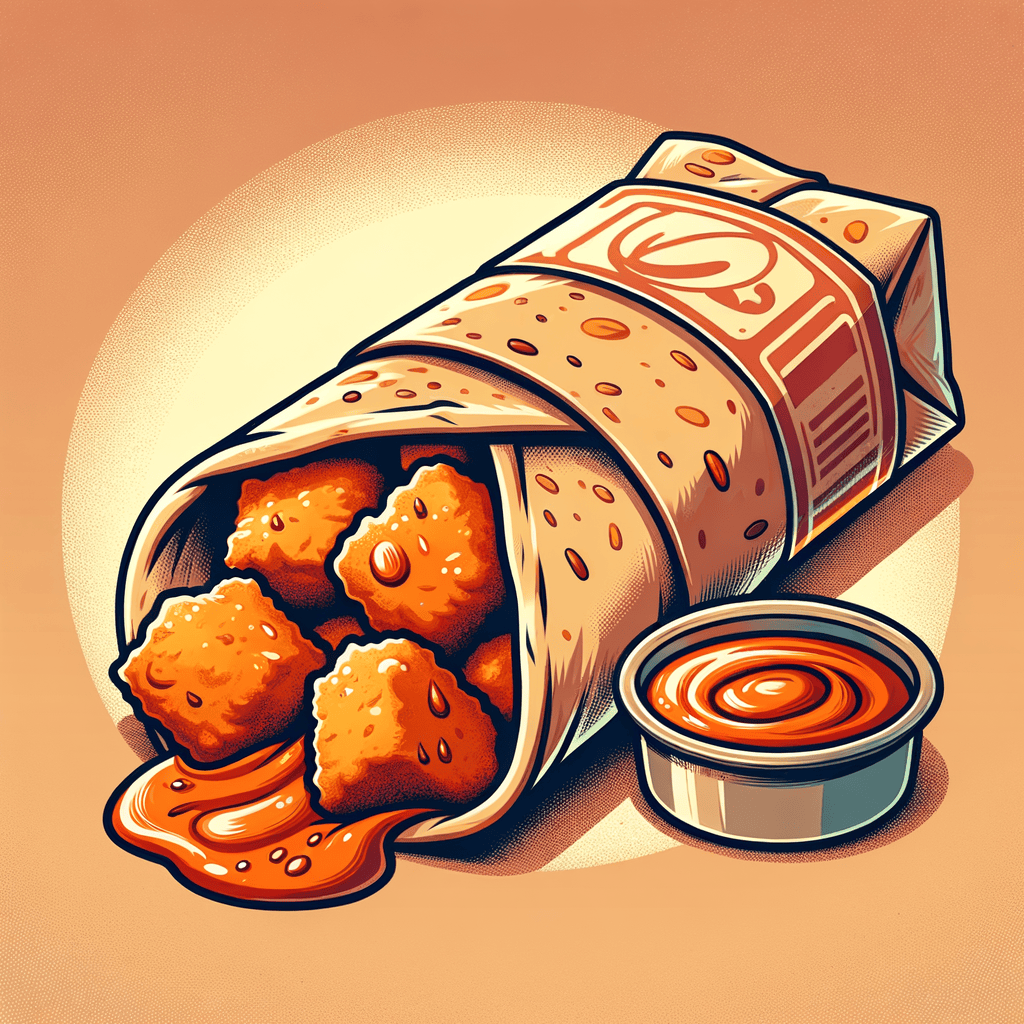 A half-eaten flaky flatbread roll wrapped in branded paper, revealing spiced fried cutlet chunks and sauce inside, held against an orange and brown interior backdrop.