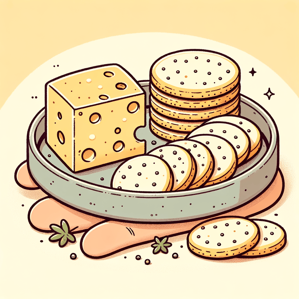 A gray shallow ceramic plate holding two small stacks of pale yellow cheese slices speckled with herbs next to a neat pile of round poppy seed crackers.