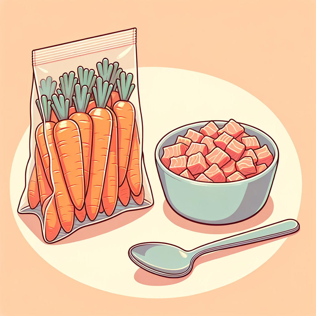 A partially opened plastic bag overflowing with bright orange baby carrots next to a small bowl filled with light-pink flaked tuna, alongside a metal spoon.