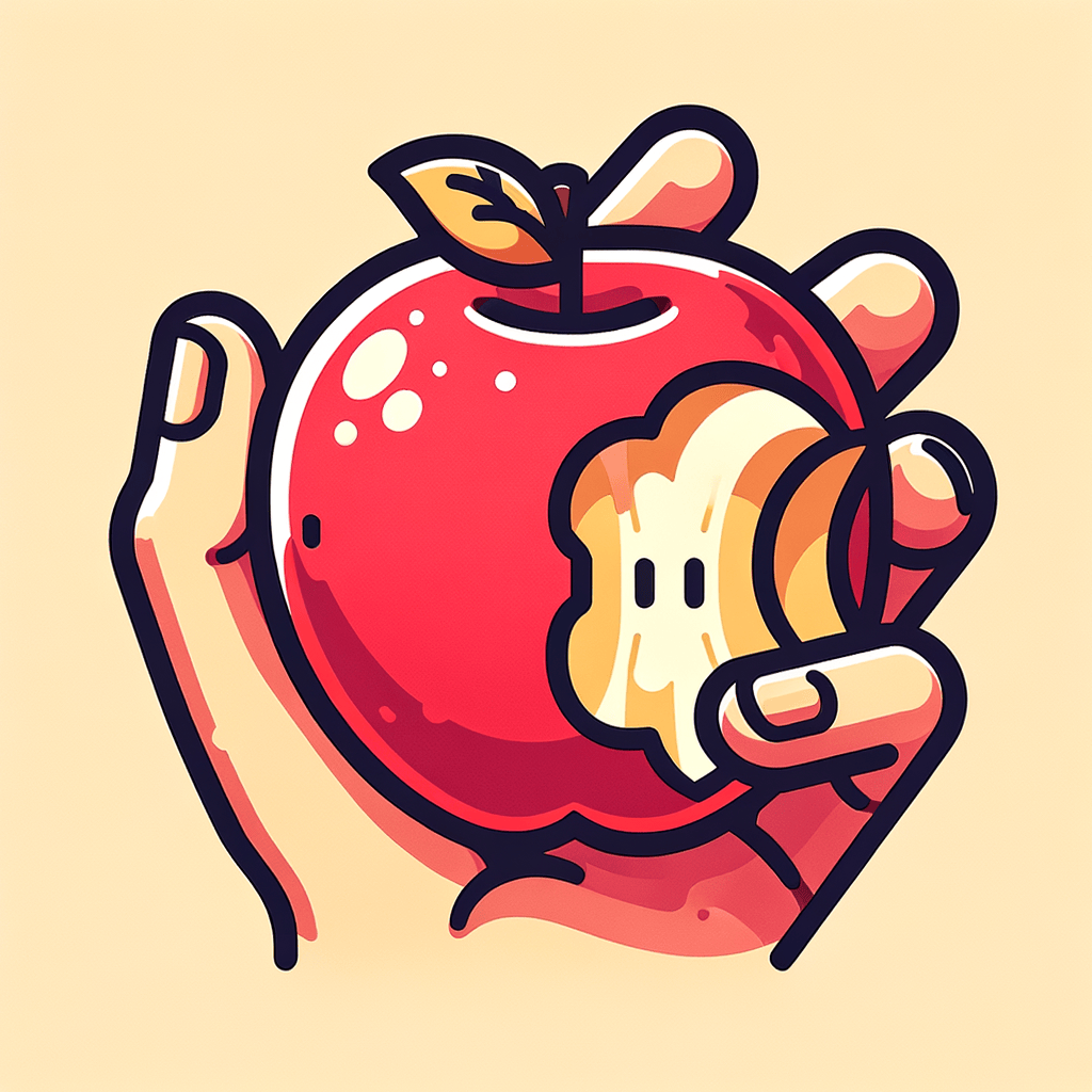 A red apple held in hand with a few bites taken out of its side, exposing the juicy, pale yellow interior flesh.