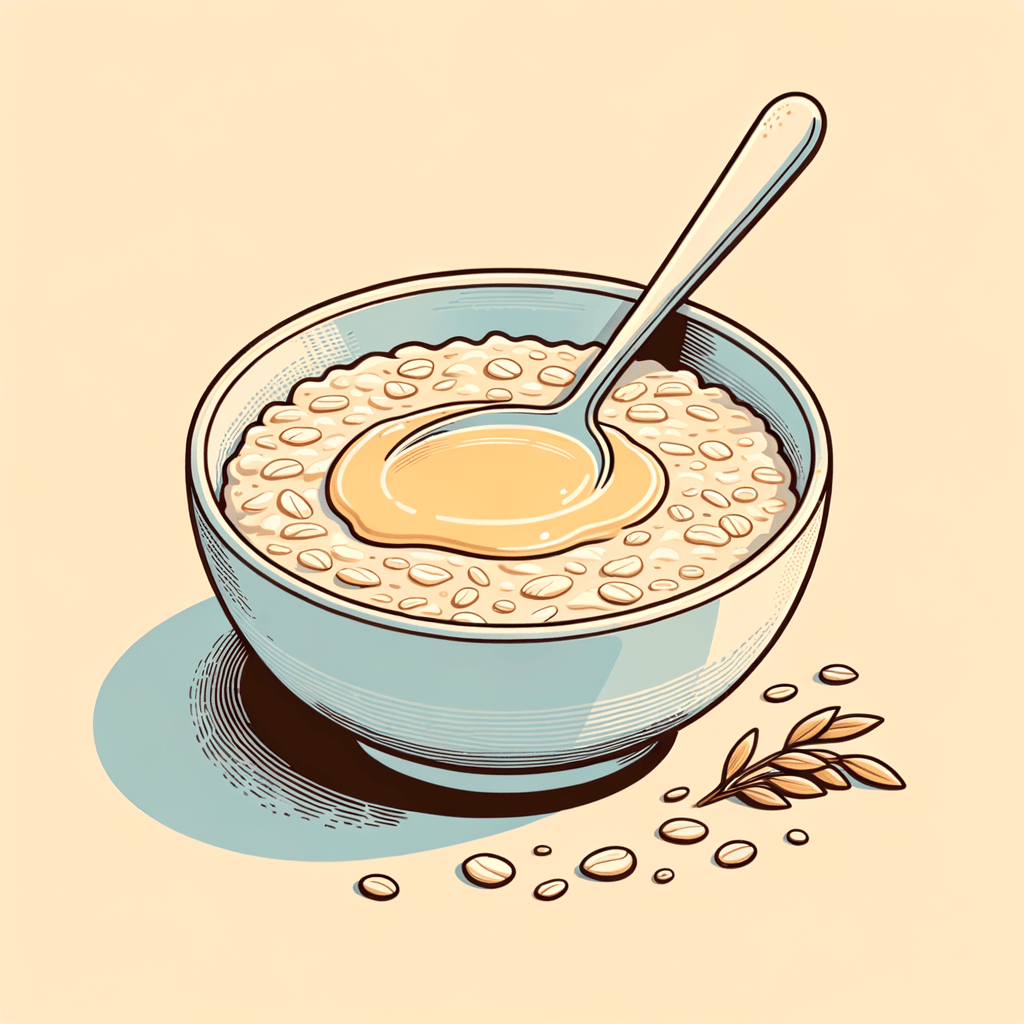 A bowl of creamy oatmeal with a light golden syrup, soft individual oats visible, and a spoon resting in the bowl.