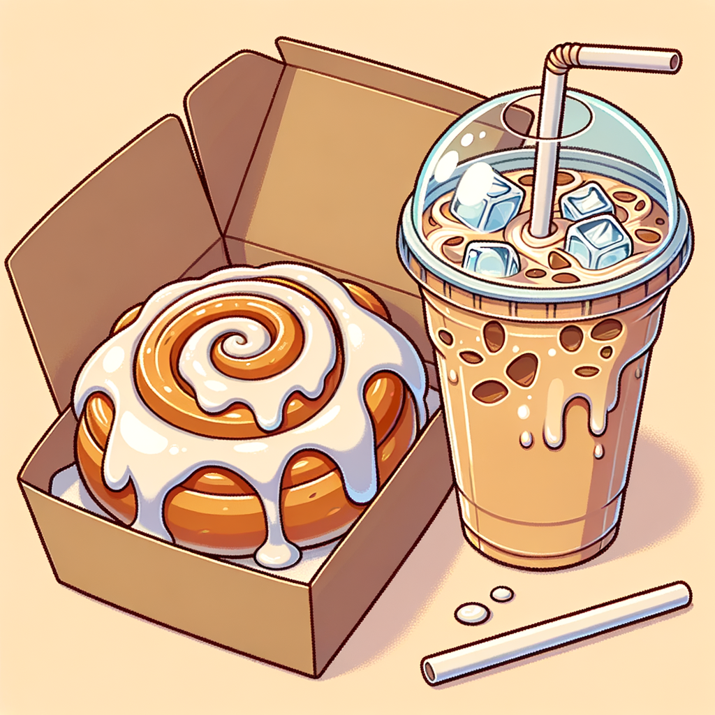 A spiraled cinnamon pastry with golden-brown edges, saturated in thick white glaze inside a brown takeout box, accompanied by a clear plastic cup of light-brown iced coffee with a lid and straw showing ice cubes.