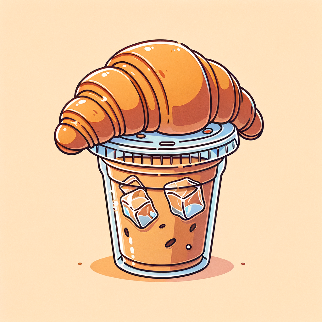 A golden-brown, flaky butter croissant resting atop a clear plastic cup of iced coffee with visible ice cubes.