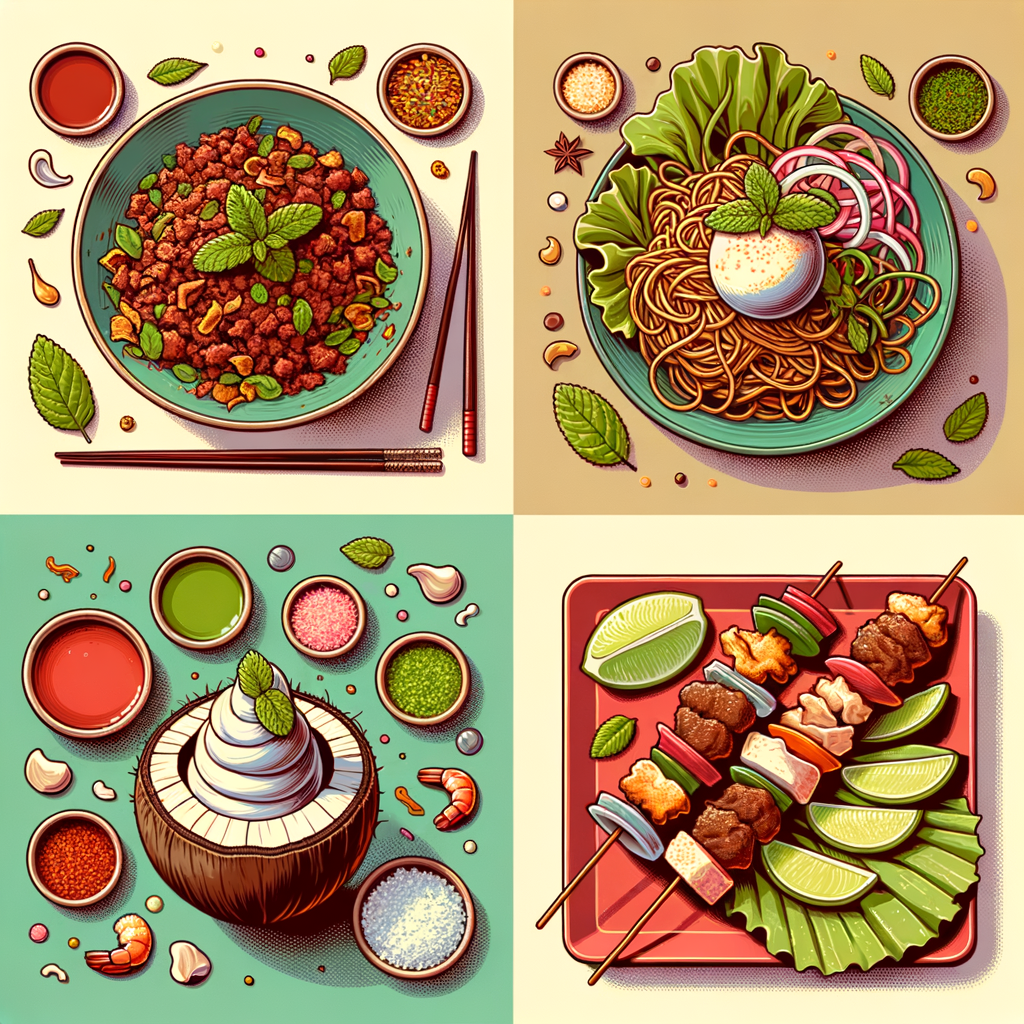 Four dishes arranged separately: a shallow bowl of minced spicy larb garnished with fried shallots and mint leaves next to fresh lettuce leaves; a green ceramic bowl of crispy stir-fried egg noodles with vegetables; a square red plate holding skewers of grilled shrimp, scallops, chicken and beef with a small dipping sauce cup; and a halved coconut shell topped with scoops of ice cream, nuts and coconut shavings, no background.
