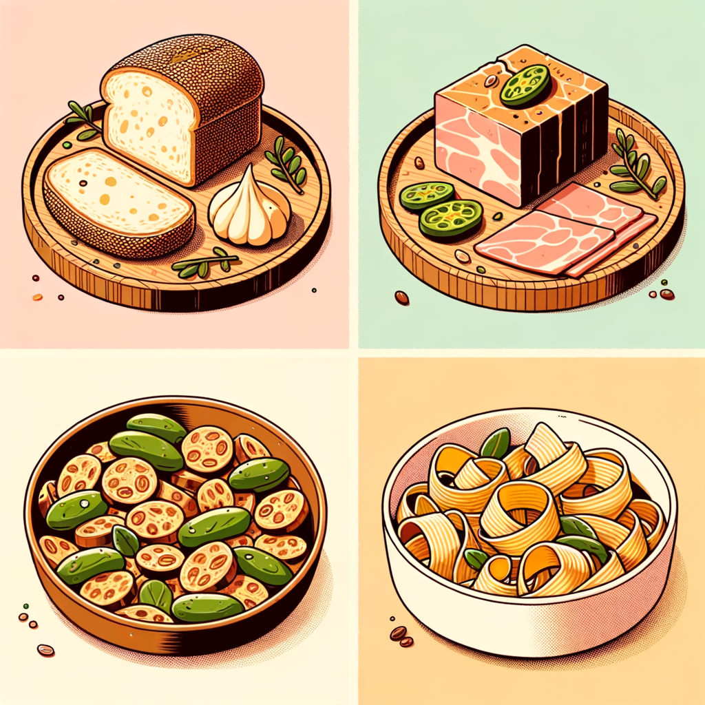 Four plated Italian courses arranged separately: 1) two thick slices of sesame-crusted artisan bread on a cut-glass plate with a dollop of whipped butter; 2) thin strips of green pepperoncini next to a rectangular slice of rustic meat terrine on a brown ceramic plate; 3) translucent slices of prosciutto lightly drizzled with oil on a round white plate; 4) pappardelle ribbons mixed with fresh green herbs and small toasted grains in a shallow white bowl.