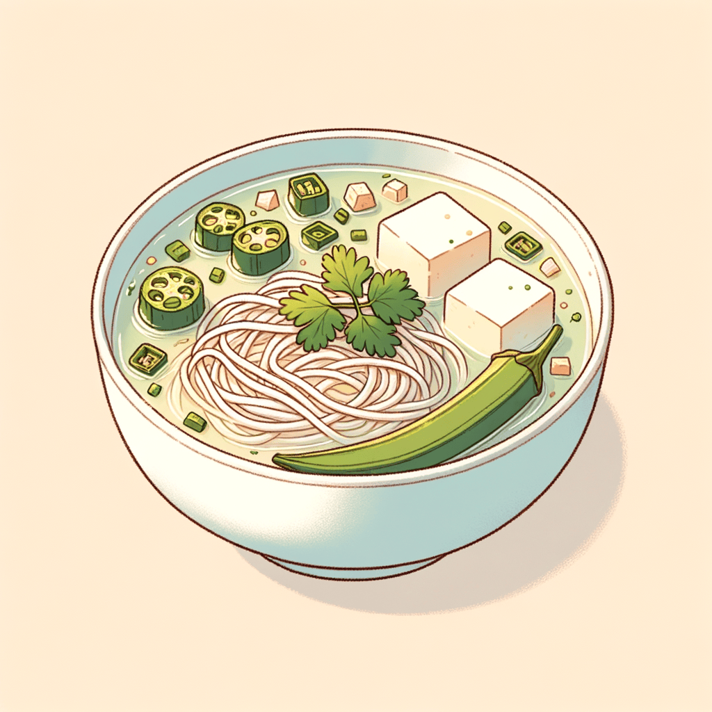 A white ceramic bowl filled with clear broth, rice noodles, tofu cubes and sliced okra floating, garnished with a small mound of fresh cilantro leaves in the center.