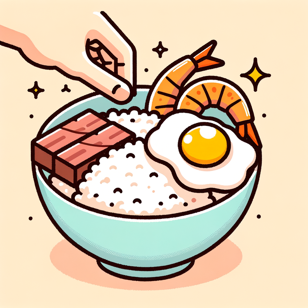 A bowl of steamed white rice crowned with thin slices of cooked beef, a sunny-side-up fried egg, and plump grilled shrimp arranged on top.