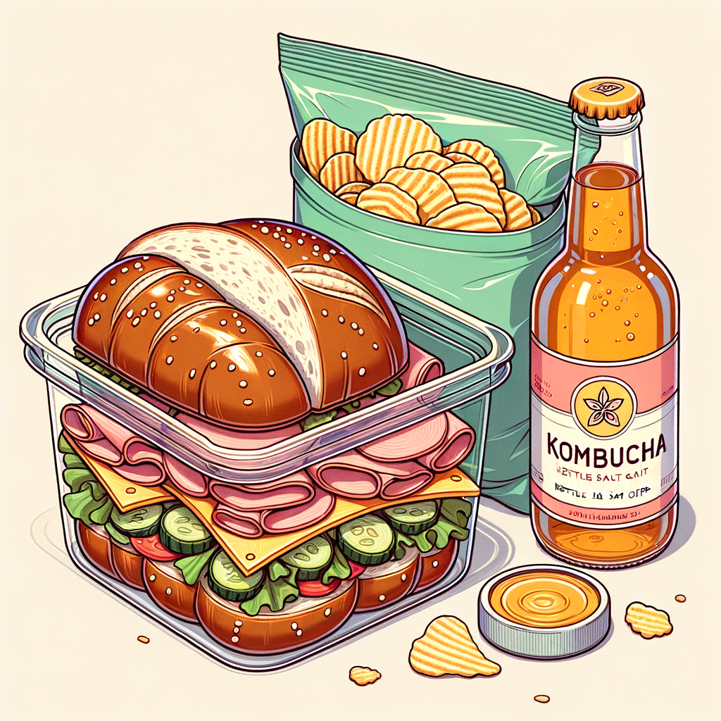 A clear plastic container holding a halved pretzel roll sandwich layered with thin ham slices, cheese, crisp lettuce, and pickles, accompanied by a sealed bag of kettle sea salt chips and two amber kombucha bottles.