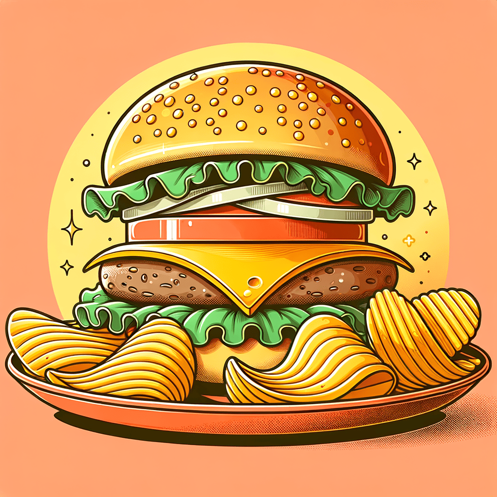 A half-eaten cheeseburger showing a beef patty topped with melted yellow cheese, lettuce, tomato slice and onion between a glossy bun, on an orange plate scattered with wavy potato chips.