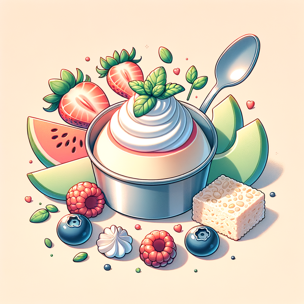 A shallow metal bowl holding a smooth panna cotta surrounded by piped swirls of whipped cream, fresh strawberry slices, blueberries, raspberries, two melon wedges, a rectangular green crispy rice bar and topped with a sprig of fresh mint.