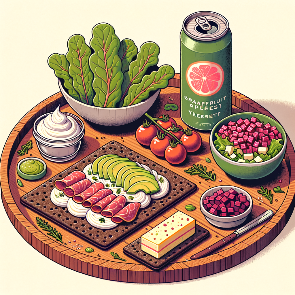 A wooden serving tray displaying two long pieces of dark crispbread: one spread with white whipped cheese and sprinkled with small red pepper cubes, the other layered with thinly sliced cured meat, grated white cheese, and avocado chunks garnished with dill. Accompanying the crispbreads are a small glass jar of vivid green juice, a square bowl of halved cherry tomatoes and beet pieces, a round bowl of fresh romaine lettuce leaves, and a plate holding a triangular slice of creamy cheesecake topped with dark berry compote, alongside a slender can of grapefruit sparkling water labeled 'Spindrift'.