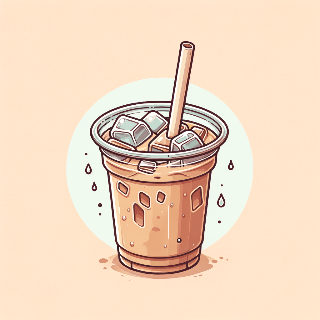 A transparent plastic cup filled with light brown iced coffee, visible ice cubes and a paper straw in the center, with condensation droplets on the cup surface only.