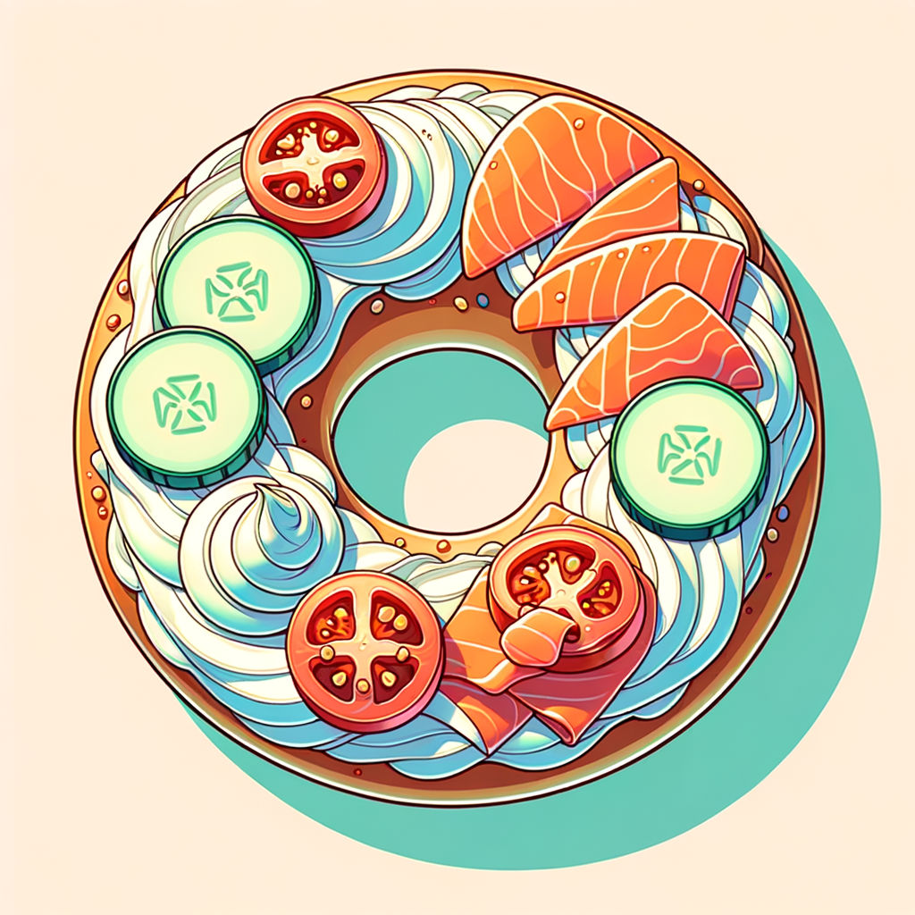 A sliced open bagel, spread with white cream cheese, topped with thin slices of smoked salmon, tomato rounds and cucumber slices.