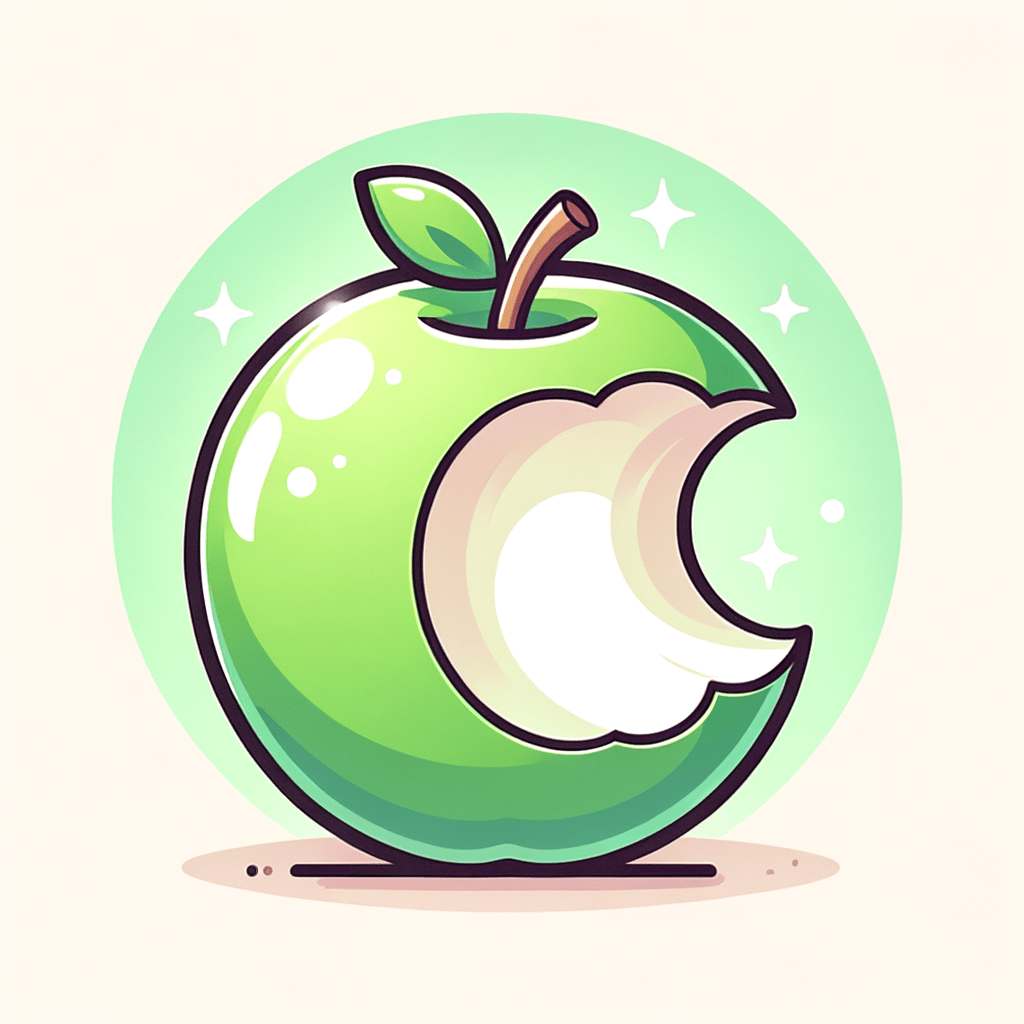 A partially eaten shining green apple held in hand, showing a crisp white interior against its smooth green peel.