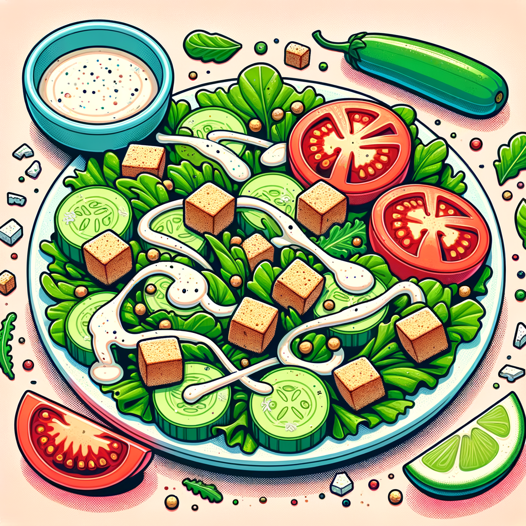 A white round plate filled with bright green romaine lettuce coated in Caesar dressing, scattered with golden-brown bread croutons and white Parmesan shavings, accented by red tomato wedges.