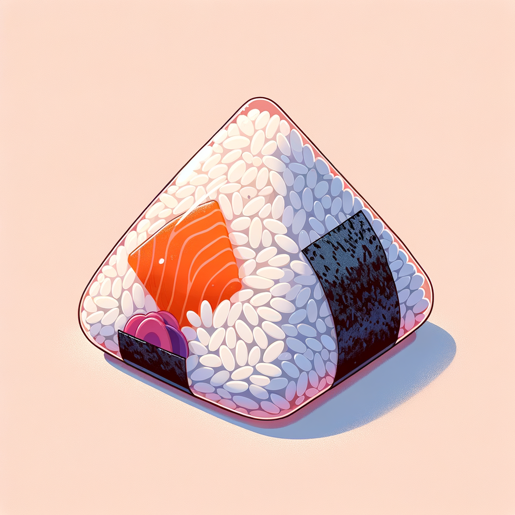A triangular rice ball wrapped in partially peeled transparent plastic, with glossy white rice speckled by fine black seaweed shreds. The center reveals pinkish-orange salmon flakes and a purple pickled plum filling nestled in the rice. The textures of the grains, seaweed, and fillings are crisp and detailed.