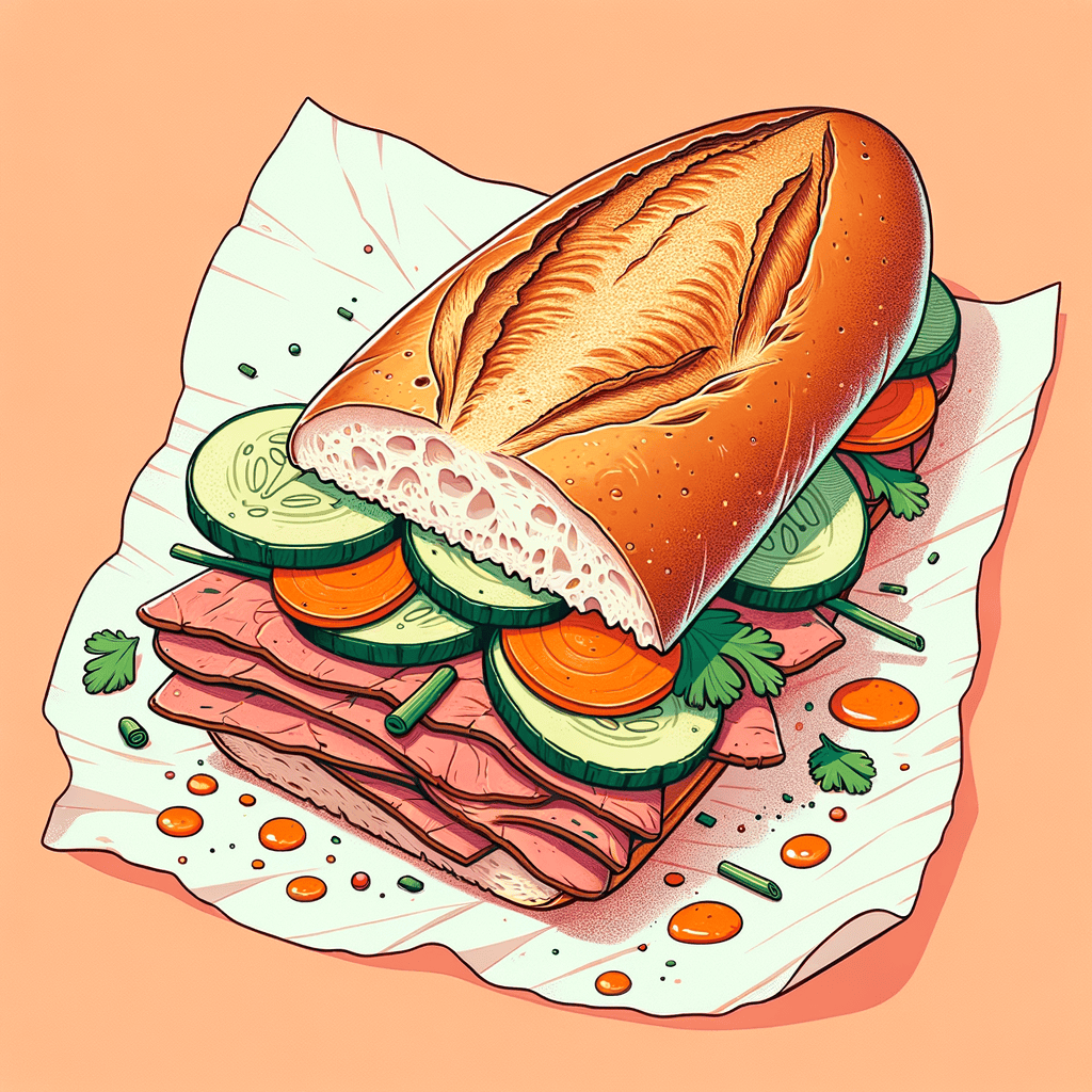 A crusty baguette sandwich cut in half showing layers of thinly sliced roast meat, pickled carrots, cucumber slices, fresh cilantro, and bright orange chili sauce, wrapped partially in white parchment paper.