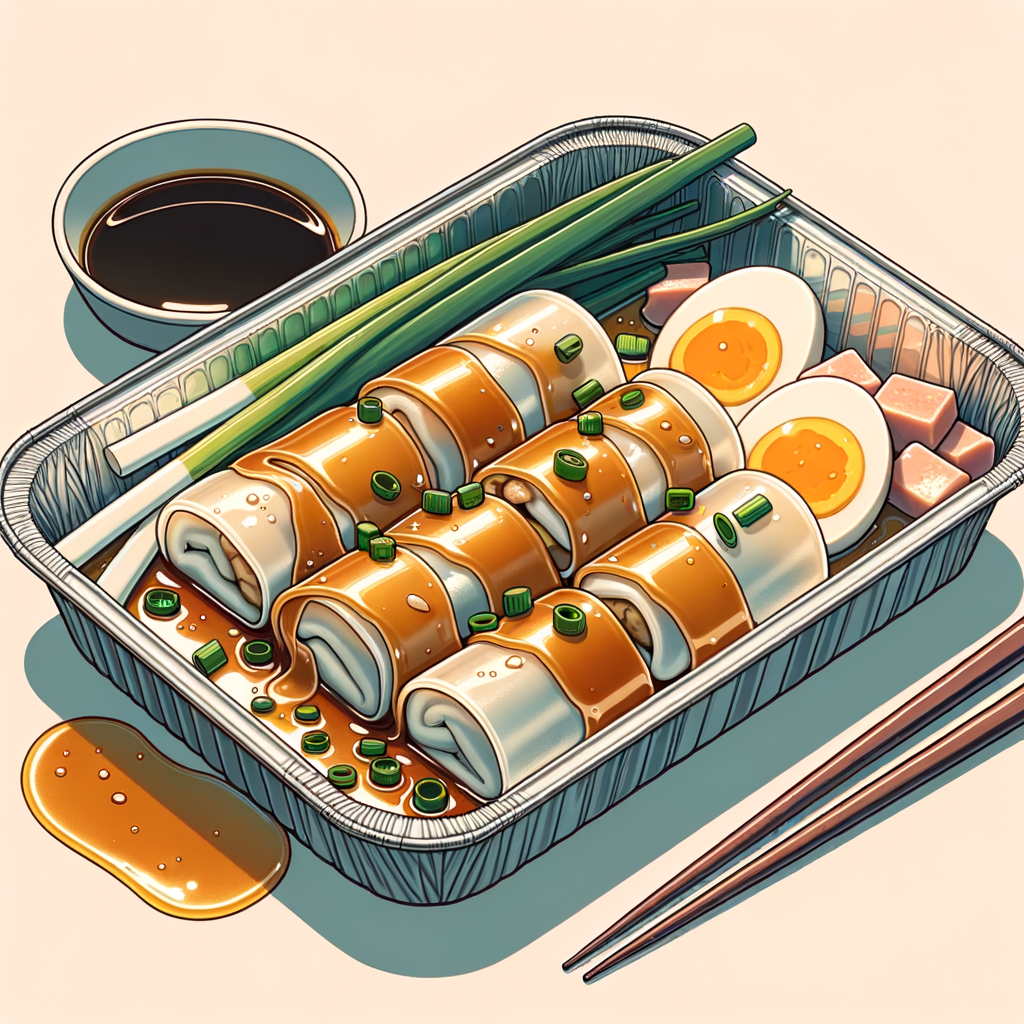 An aluminum tray containing soft steamed rice noodle rolls coated in glossy light soy sauce, mixed with cooked egg pieces, scallions, and small meat bits.