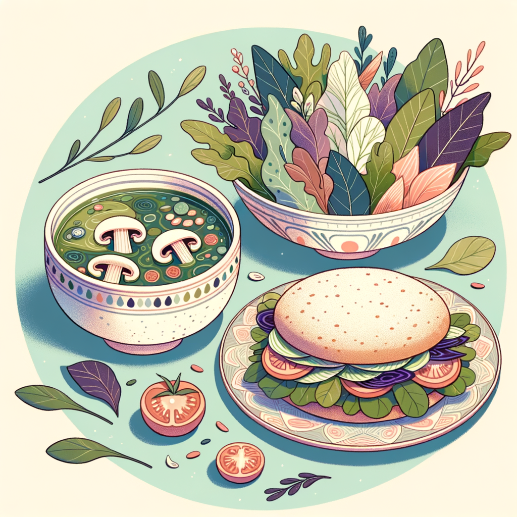 A small ceramic bowl of clear broth filled with leafy green vegetables and slender mushrooms, a matching bowl of mixed salad greens topped with shredded purple cabbage and tomato wedges, and a patterned plate holding a crusty sandwich layered with crisp lettuce and a generous mound of thinly sliced carrots.