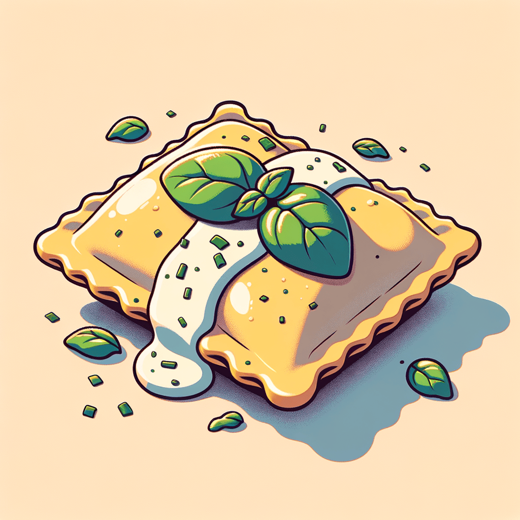 Soft cheese-filled ravioli pillows coated lightly in a creamy white sauce, topped with scattered fresh green basil shreds.