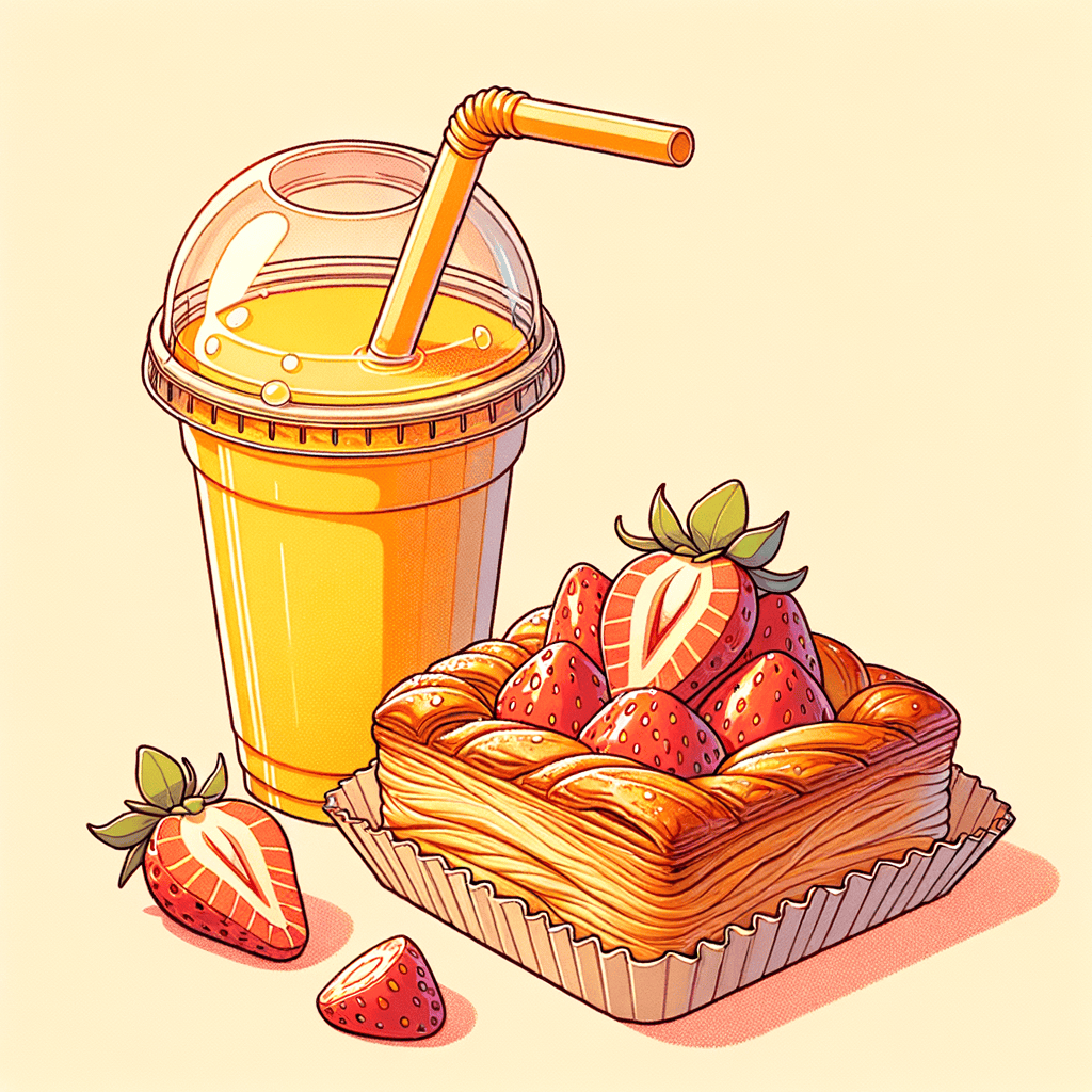 A golden flaky square Danish pastry topped with sliced red strawberries on a paper lining, next to a tall clear plastic cup of pale yellow coconut mango drink with a wide straw and domed lid.