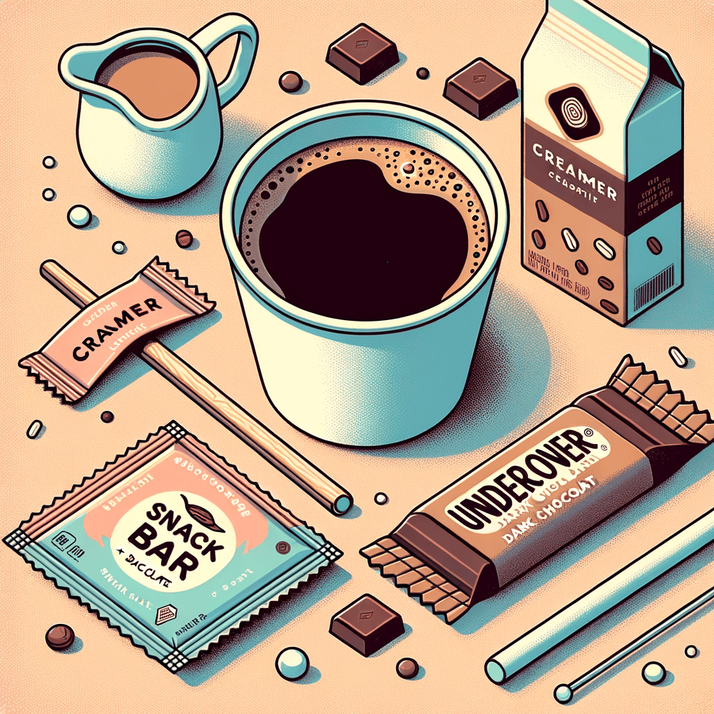 A partially opened snack bar wrapper reading “Undercover Dark Chocolate + Sea Salt” next to a white paper cup of steaming coffee with a wooden stir stick and creamer packets arranged beside it.