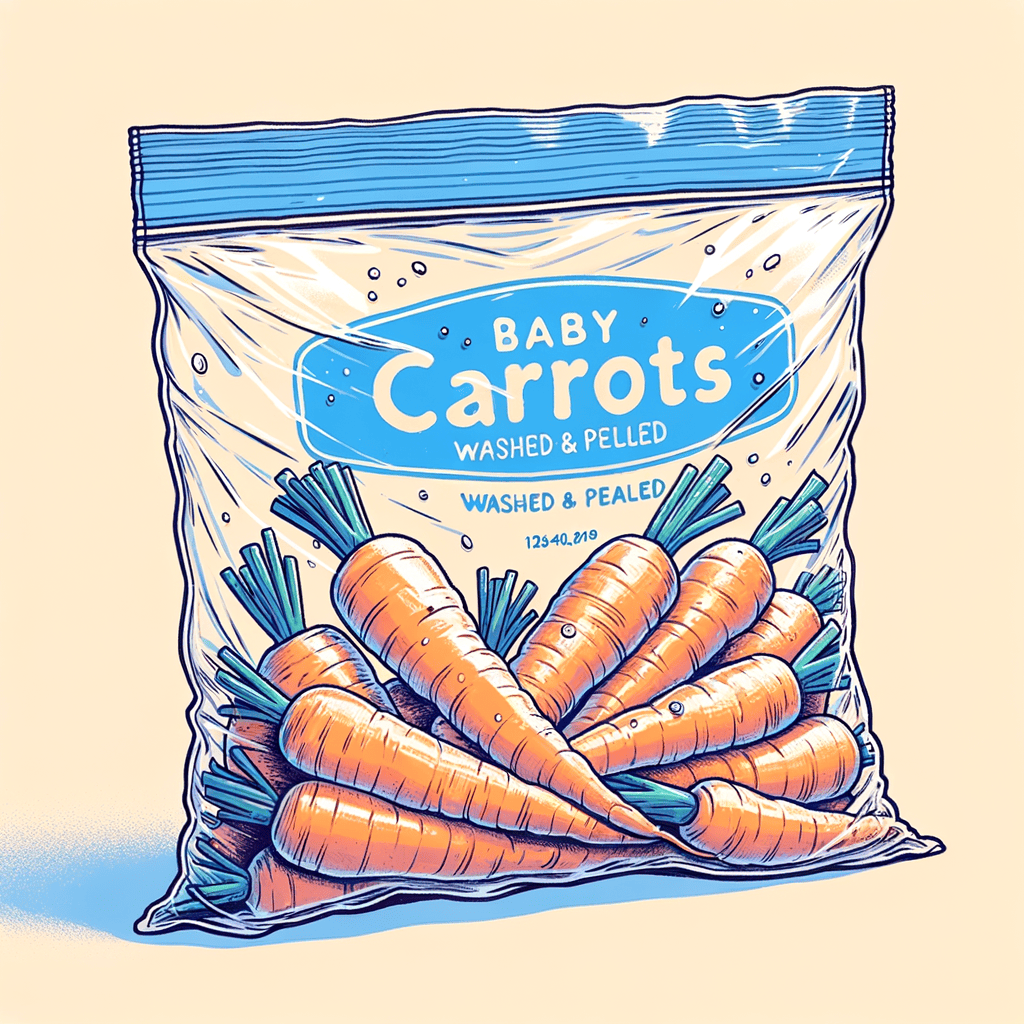 A crinkled clear plastic bag labeled 'Baby Carrots, Washed & Peeled' with blue and white branding, partially transparent showing remnants of carrots inside.