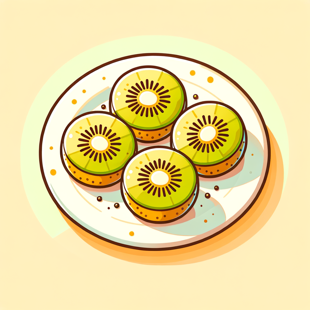 Four halves of golden kiwi fruit arranged on a white plate with a spoon, showing bright yellow-green flesh and tiny black seeds.