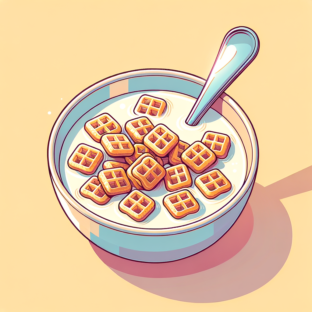 A bowl filled with milky white liquid and irregularly shaped golden-brown waffle-like cereal pieces floating on top, with a silver spoon resting at the edge; close-up view focusing solely on cereal and milk.