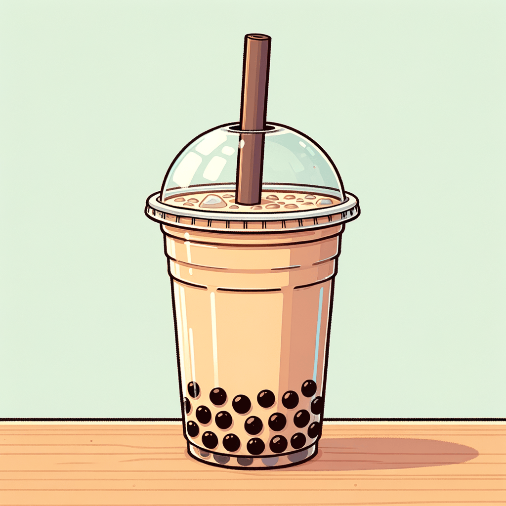 A clear plastic cup with a domed lid filled with tan-colored milk tea and visible black tapioca pearls at the bottom, resting on a light brown wooden surface.