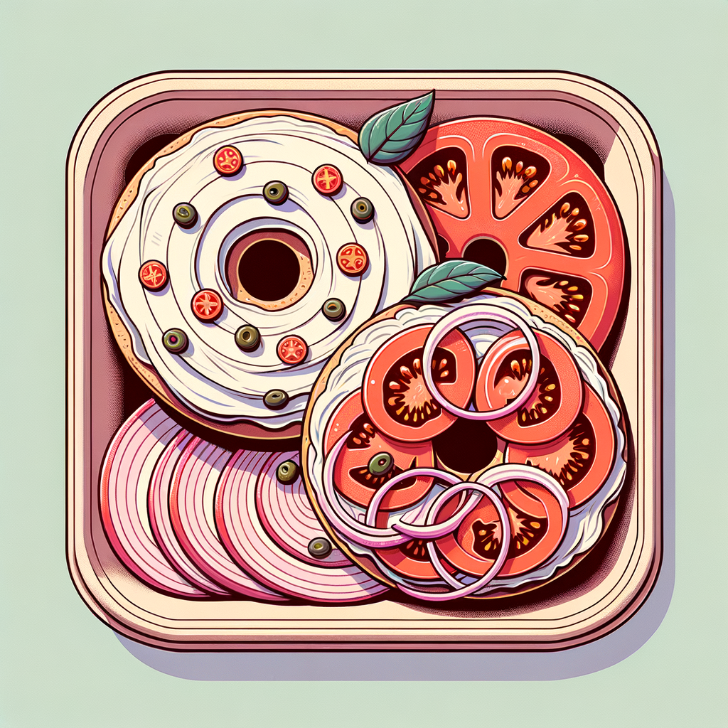 A takeout container holding two halves of a bagel: one half spread with white cream cheese and layered with thin tomato slices and spirals of red onion, the other half coated with pale pink salmon-infused cream cheese garnished with capers, tomato slices, and red onion rings.