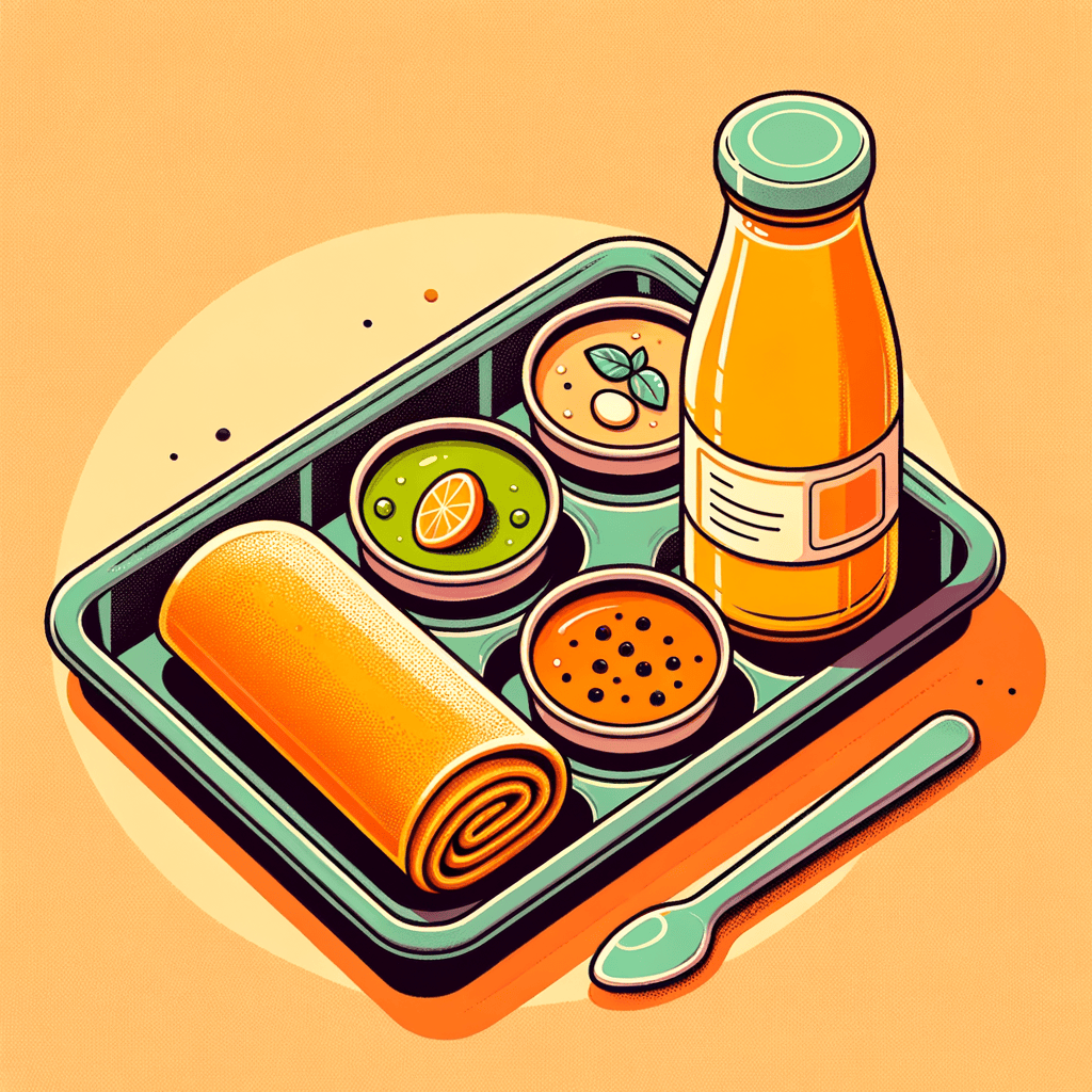 A single golden-brown rolled dosa placed in one compartment of a rectangular tray beside three small round containers filled with green chutney, tamarind chutney, and sambar, accompanied by a clear bottle of bright orange mango lassi labeled with simple text.