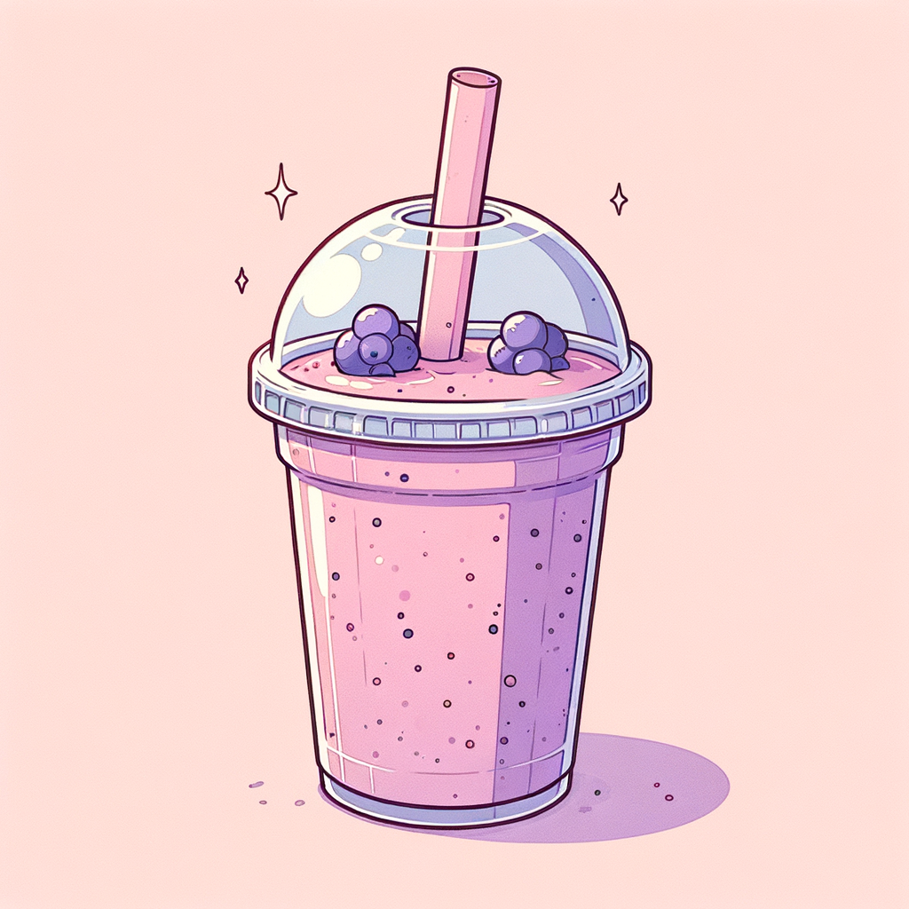 A clear plastic cup filled with a thick purple-pink smoothie showing visible flecks of blended berries, topped with a translucent plastic lid and straw.