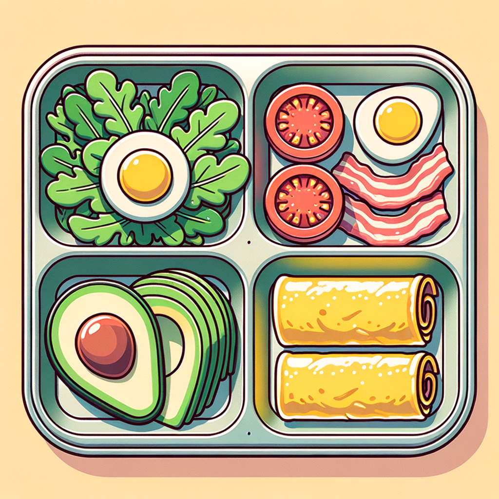 A stainless steel tray holding a bed of fresh green arugula leaves, a scoop of diced avocado and tomato salad in a light vinaigrette, two crisp bacon strips side by side, neatly sliced yellow rolled omelet pieces, and a golden-brown pan-seared chicken thigh, arranged in separate sections.