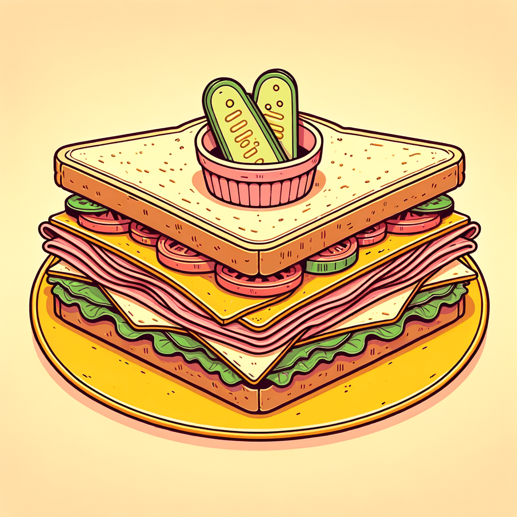A triangular section of toasted white-bread club sandwich stacked with layers of turkey, ham, crispy bacon, cheddar cheese, shredded lettuce, and tomato slices, plated on yellow paper with a small cup of pickle slices in the center.