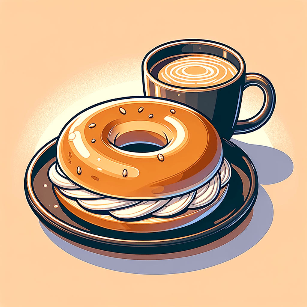 A golden-brown sliced bagel topped with a thick layer of smooth white cream cheese, displayed on a dark round plate, accompanied by a steaming mug of light-brown coffee.